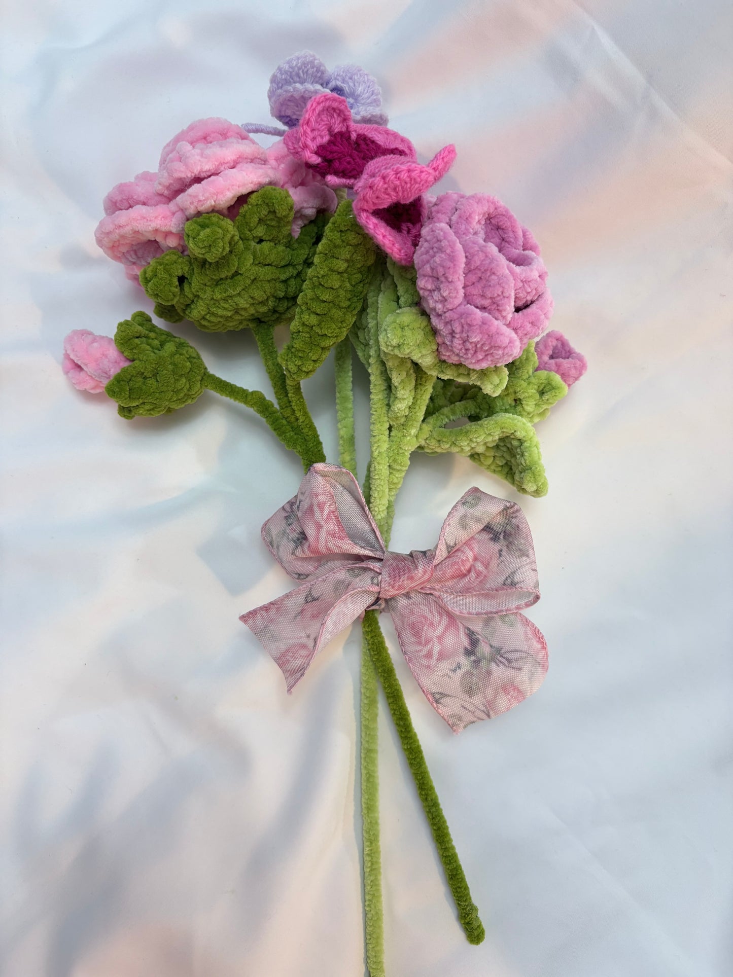 Pink Rose Crochet Bouquet with Butterflies – Ribbon‑Tied & Handmade