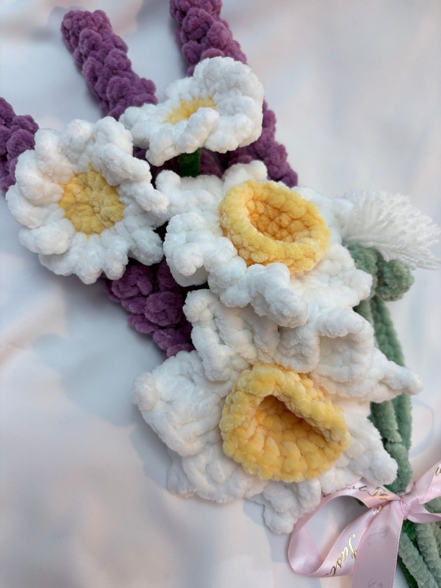 Lavender & Daffodil Crochet Bouquet – Ribbon‑Tied & Handmade