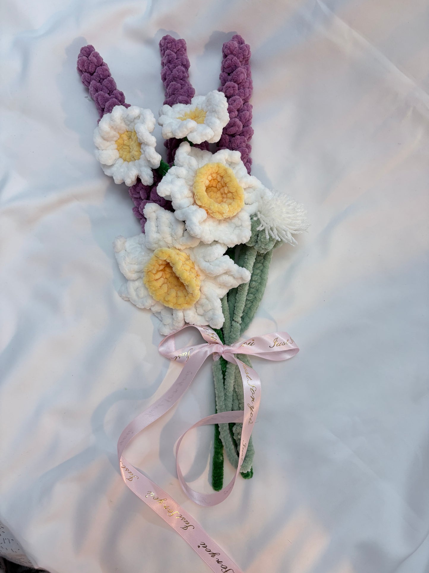 Lavender & Daffodil Crochet Bouquet – Ribbon‑Tied & Handmade