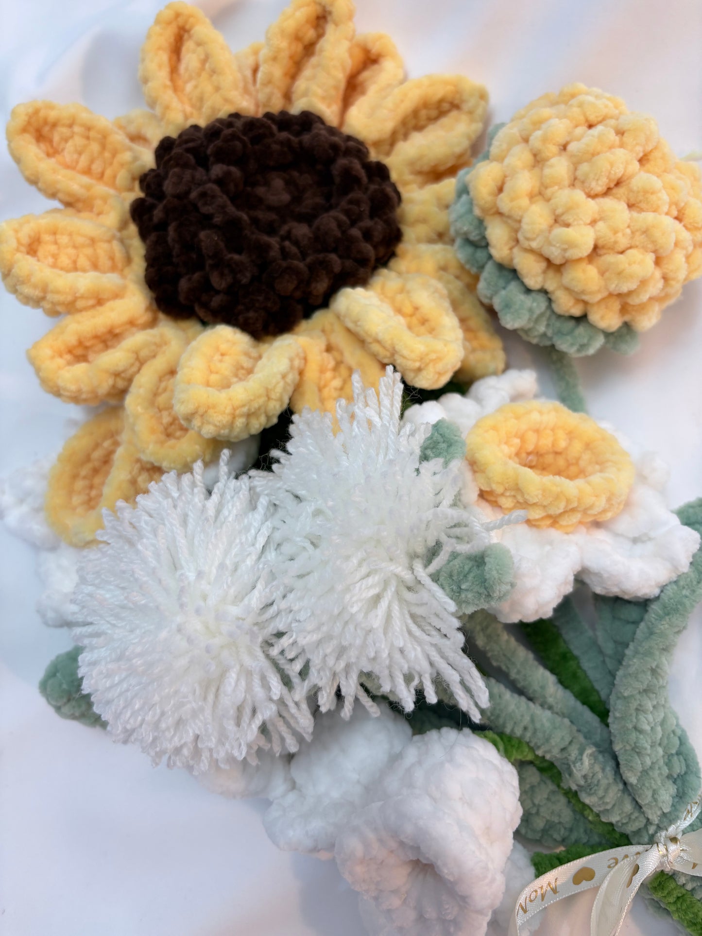 Crochet Flower Bouquet with Large Sunflower – Ribbon‑Tied & Handmade