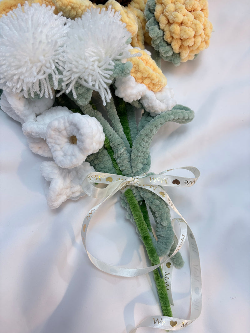 Crochet Flower Bouquet with Large Sunflower – Ribbon‑Tied & Handmade