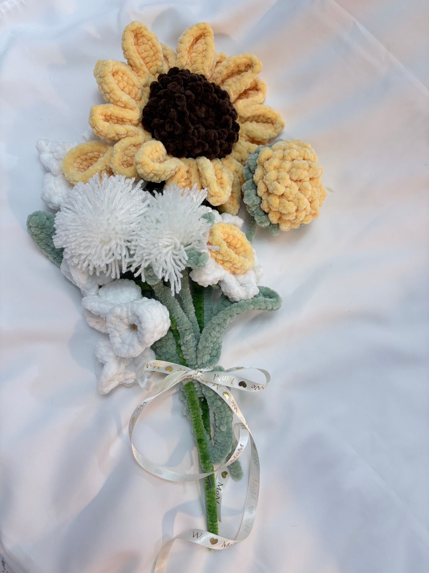 Crochet Flower Bouquet with Large Sunflower – Ribbon‑Tied & Handmade