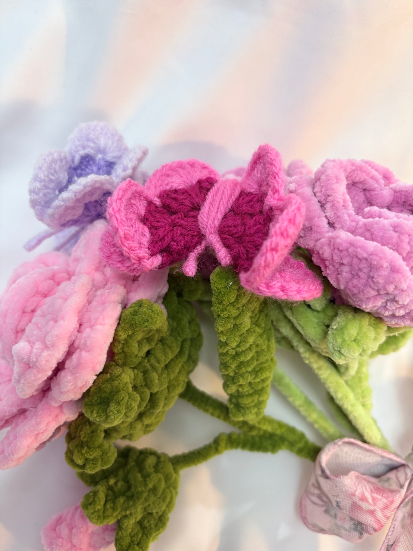 Pink Rose Crochet Bouquet with Butterflies – Ribbon‑Tied & Handmade