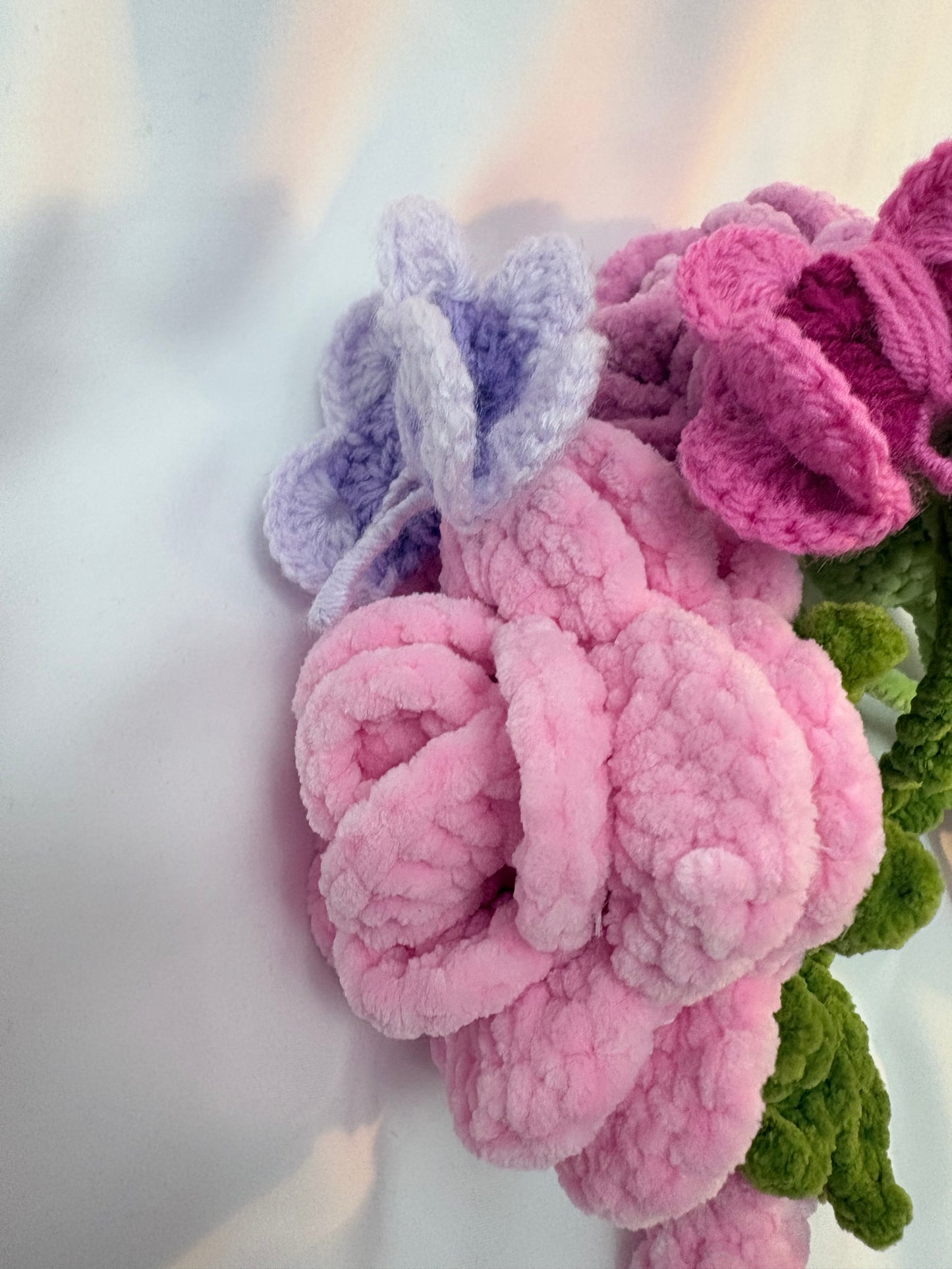 Pink Rose Crochet Bouquet with Butterflies – Ribbon‑Tied & Handmade