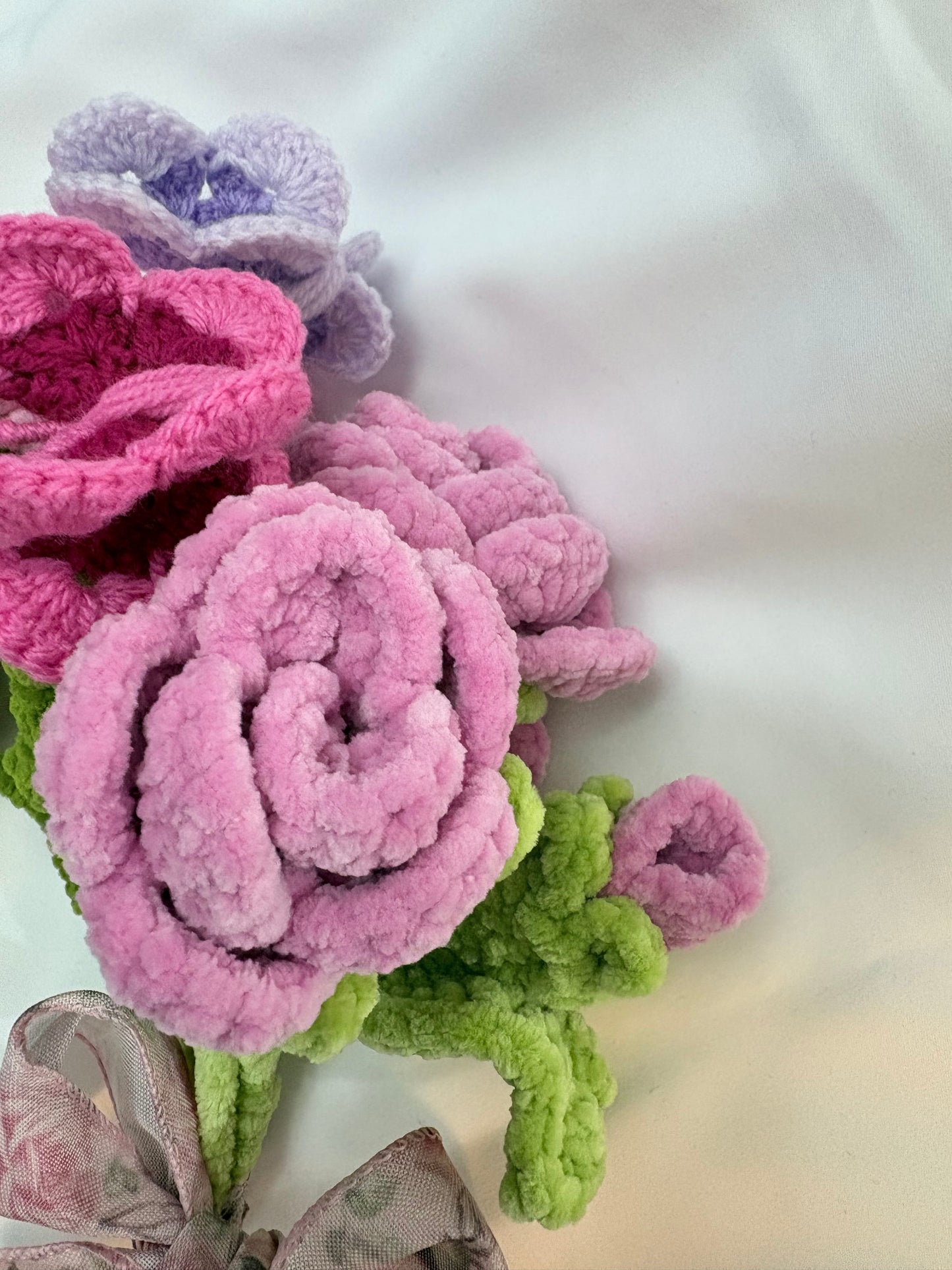 Pink Rose Crochet Bouquet with Butterflies – Ribbon‑Tied & Handmade