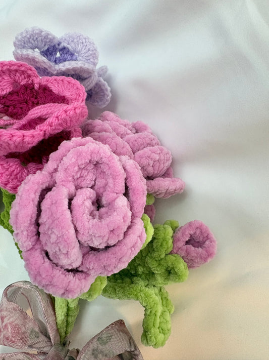 Pink Rose Crochet Bouquet with Butterflies – Ribbon‑Tied & Handmade